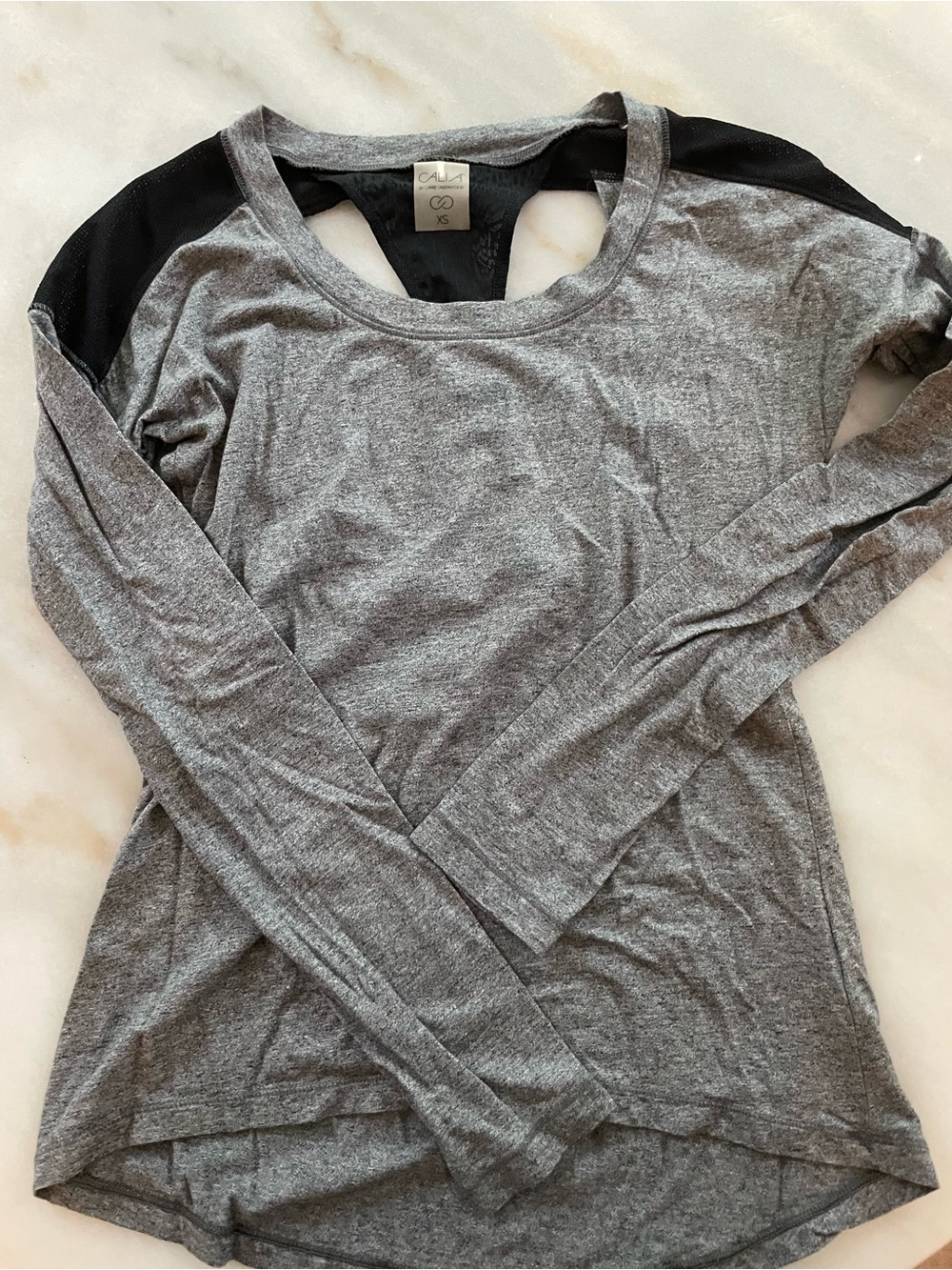 Grey Long Sleeve Scoop Neck Top with Black Shoulder Panels